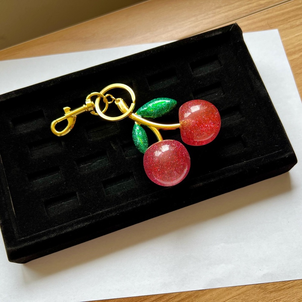 Sparkling Cherry Bag Charm / Keychain - Red, Gold & Green